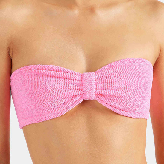 pink crinkle strapless bikini from hunza g close up
