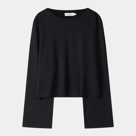 A black long-sleeve cropped top with a wide round neckline, displayed flat against a light gray background.