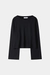 A black long-sleeve cropped top with a wide round neckline, displayed flat against a light gray background.
