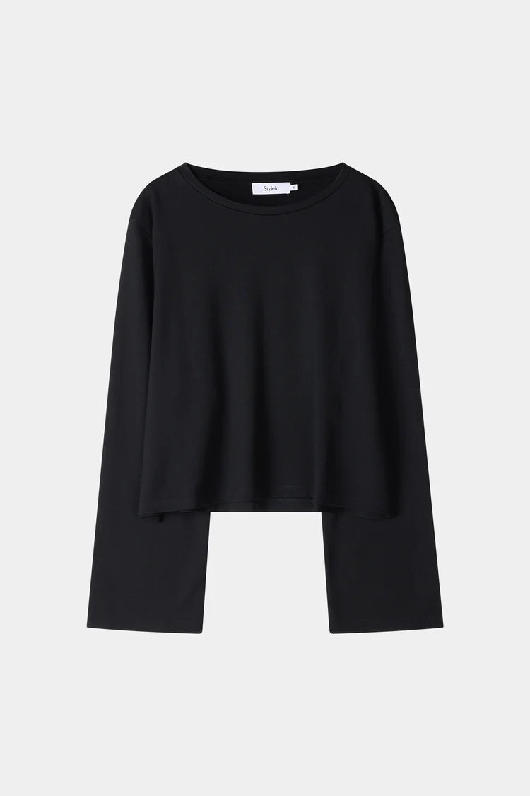 A black long-sleeve cropped top with a wide round neckline, displayed flat against a light gray background.