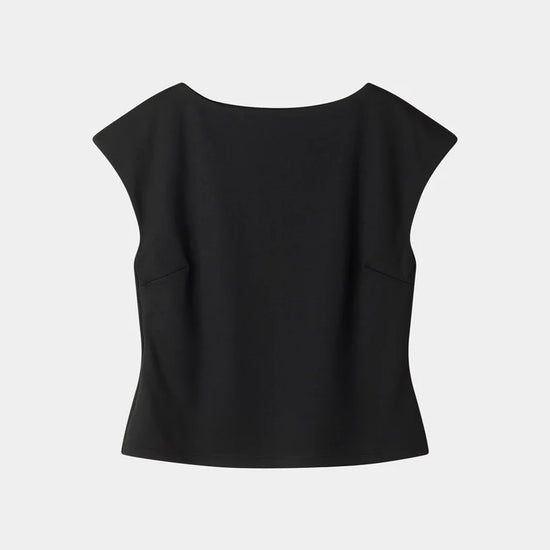 A black short-sleeve cropped top with a wide boat neckline, displayed against a light gray background.