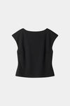 A black short-sleeve cropped top with a wide boat neckline, displayed against a light gray background.