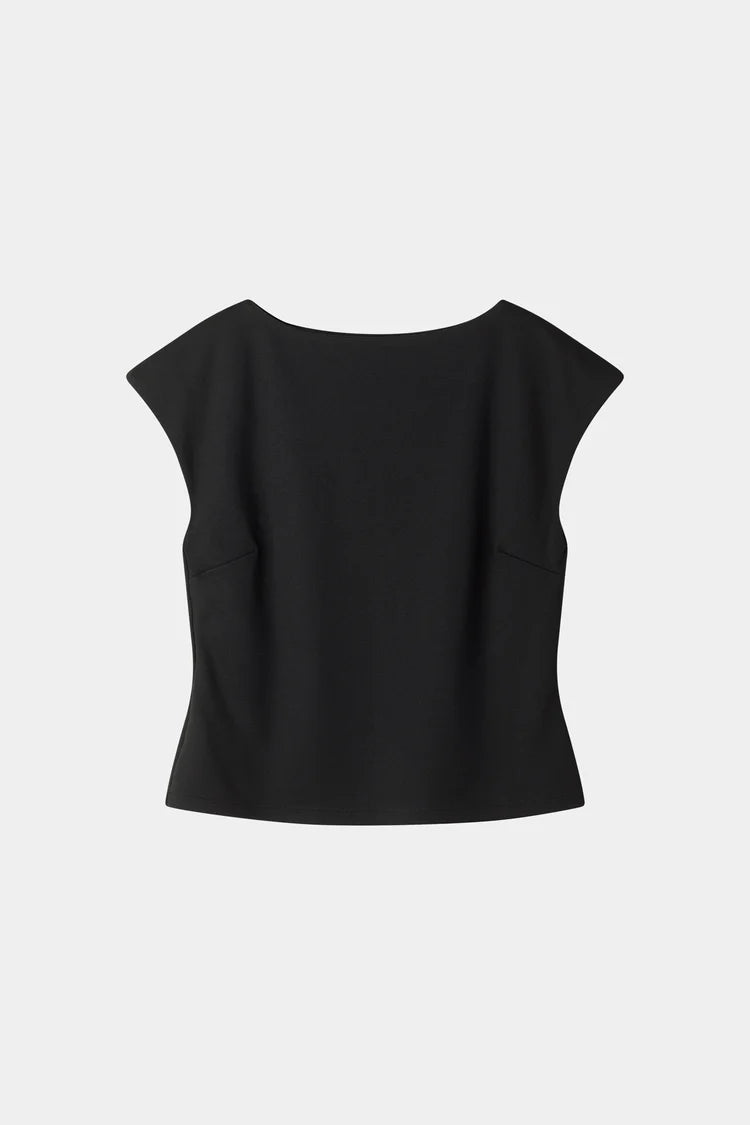 A black short-sleeve cropped top with a wide boat neckline, displayed against a light gray background.