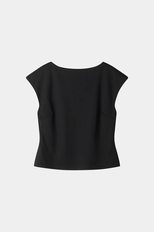 A black short-sleeve cropped top with a wide boat neckline, displayed against a light gray background.