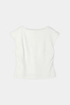An off-white short-sleeve top with a wide boat neckline, shown from the back against a light gray background.