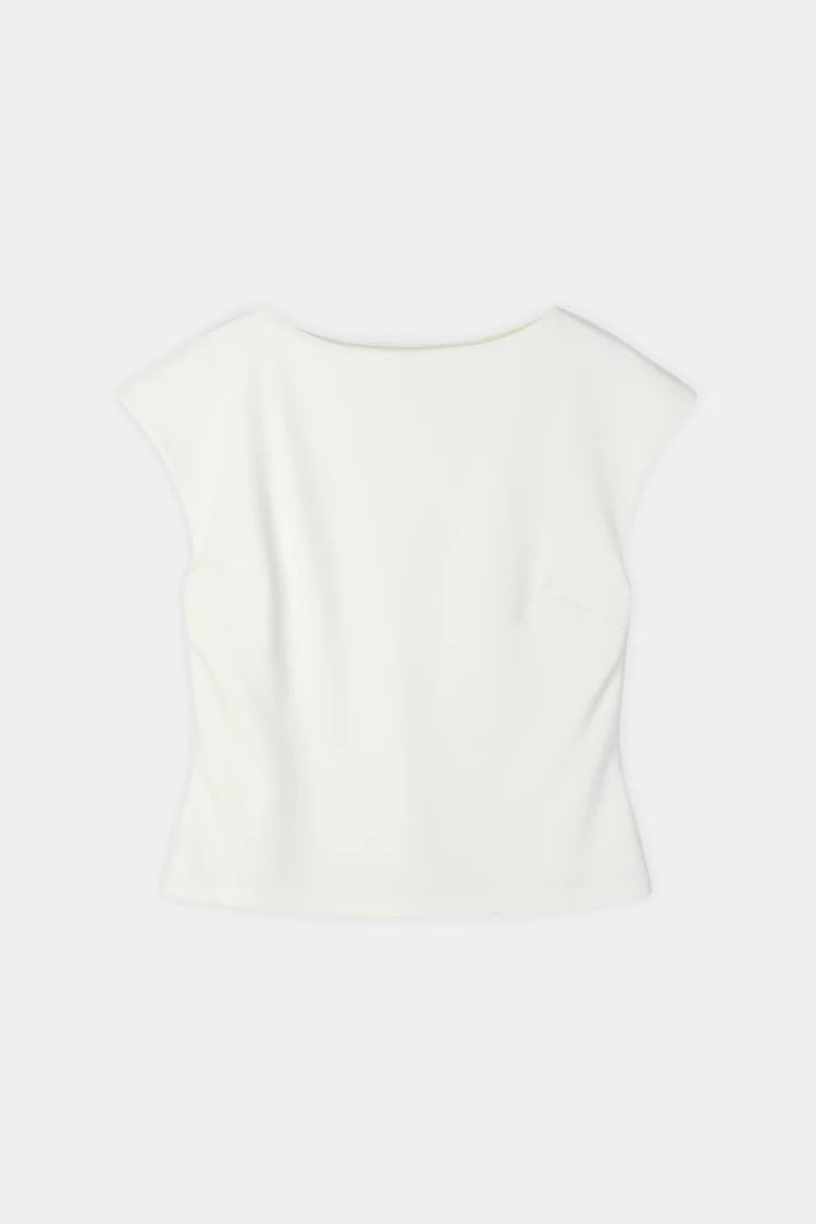 An off-white short-sleeve top with a wide boat neckline, shown from the back against a light gray background.