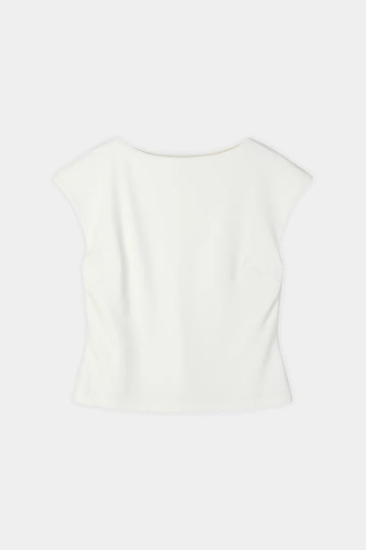 An off-white short-sleeve top with a wide boat neckline, shown from the back against a light gray background.