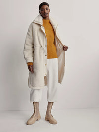 Off-white midi faux fur coat with high collar gold metallic hardware full length zip and pull in waist with popper and pocket details