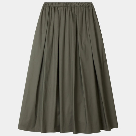 An olive green pleated midi skirt with an elastic waistband, shown flat against a light gray background.