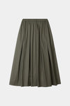 An olive green pleated midi skirt with an elastic waistband, shown flat against a light gray background.