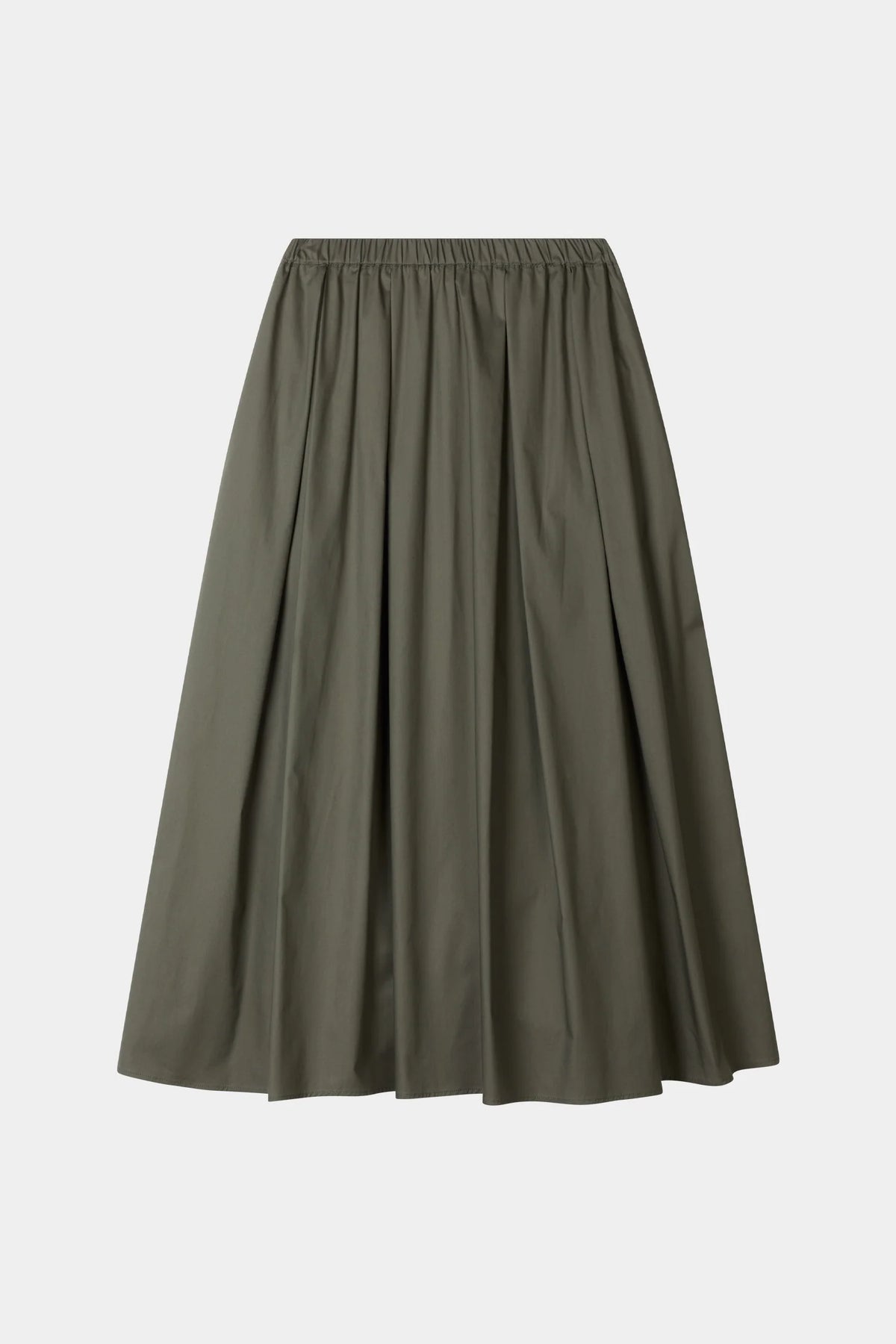 An olive green pleated midi skirt with an elastic waistband, shown flat against a light gray background.