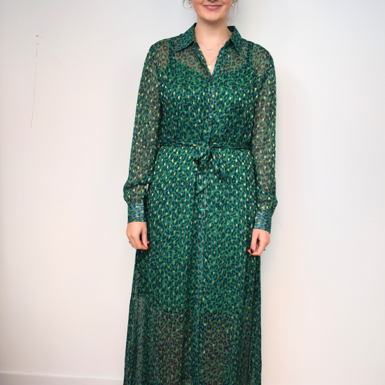 Green and gold thread maxi shirt dress