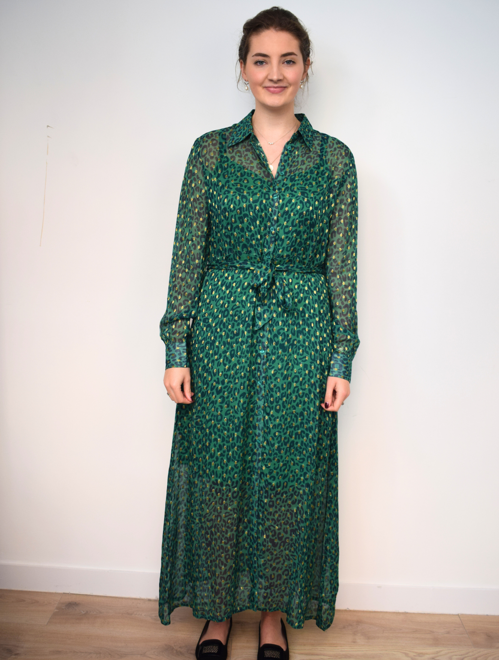 Green and gold thread maxi shirt dress