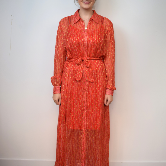 Orange and gold thread maxi sheer shirt dress with tie waist