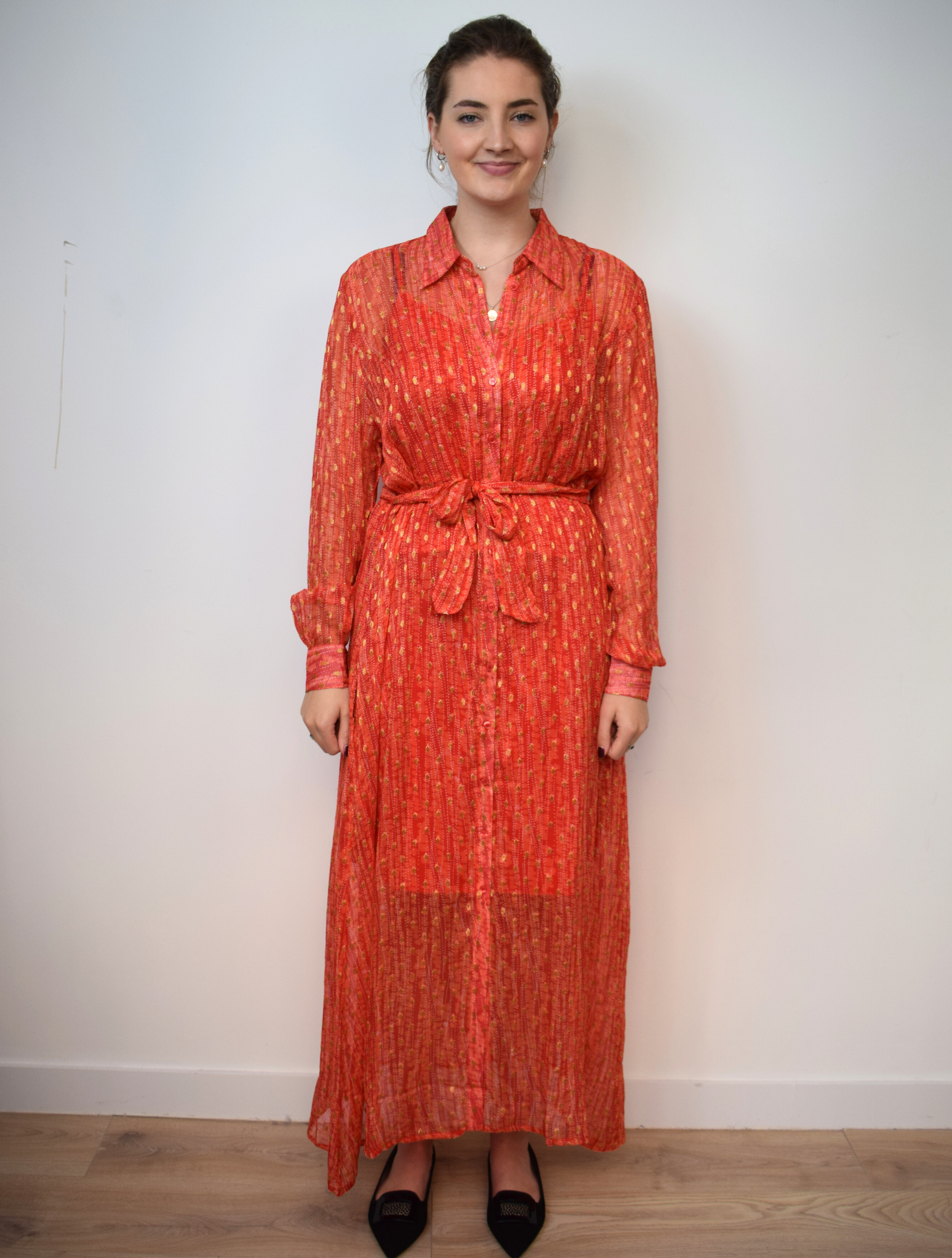 Orange and gold thread maxi sheer shirt dress with tie waist