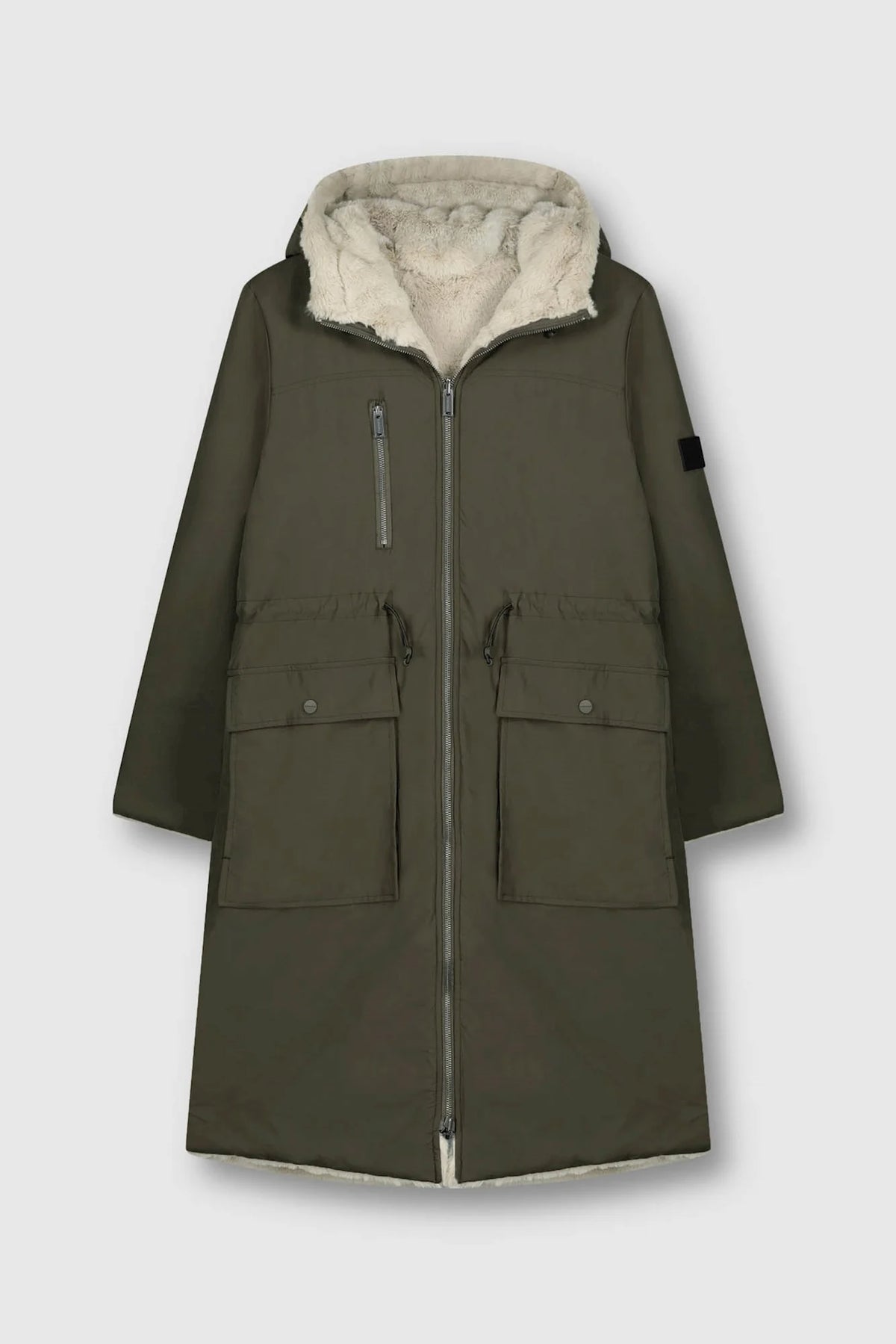Khaki and fur lined hooded parker jacket with front patch pockets and zip fastening