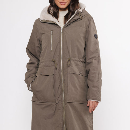 khaki reversible hooded coat with pockets and faux fur interior 