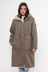 khaki reversible hooded coat with pockets and faux fur interior 