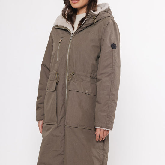 khaki reversible hooded coat with pockets and faux fur interior  close up