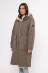 khaki reversible hooded coat with pockets and faux fur interior  close up