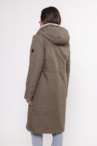 khaki reversible hooded coat with pockets and faux fur interior  close up rear view