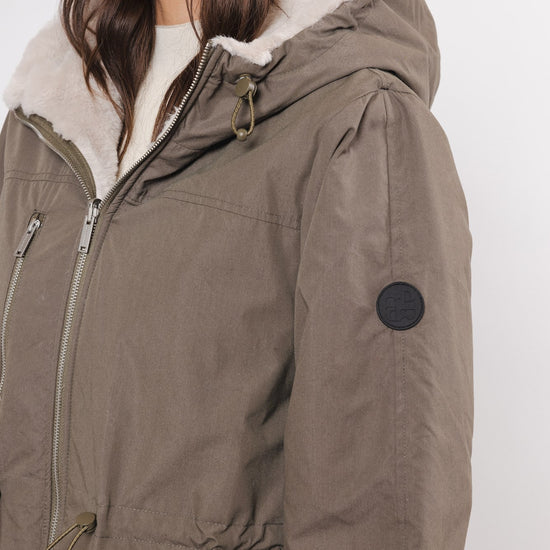 khaki reversible hooded coat with pockets and faux fur interior  close up