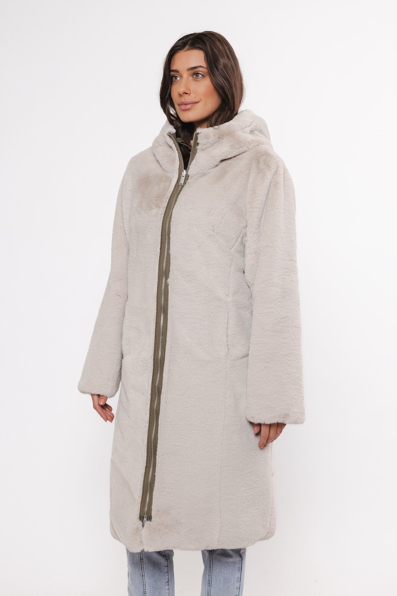 khaki reversible hooded coat with pockets and faux fur interior worn the other way