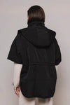 Black shower proof cape with detachable hood and drawstring fastenings sleeveless with two front slant pockets