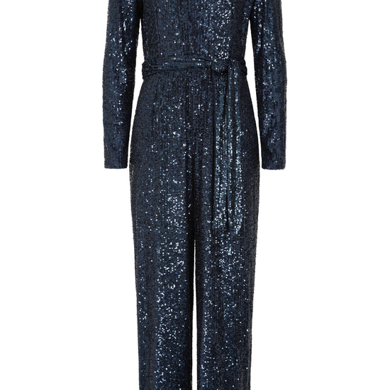 navy sequin jumpsuit with v neck, long sleeves and shoulder pads