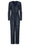 navy sequin jumpsuit with v neck, long sleeves and shoulder pads