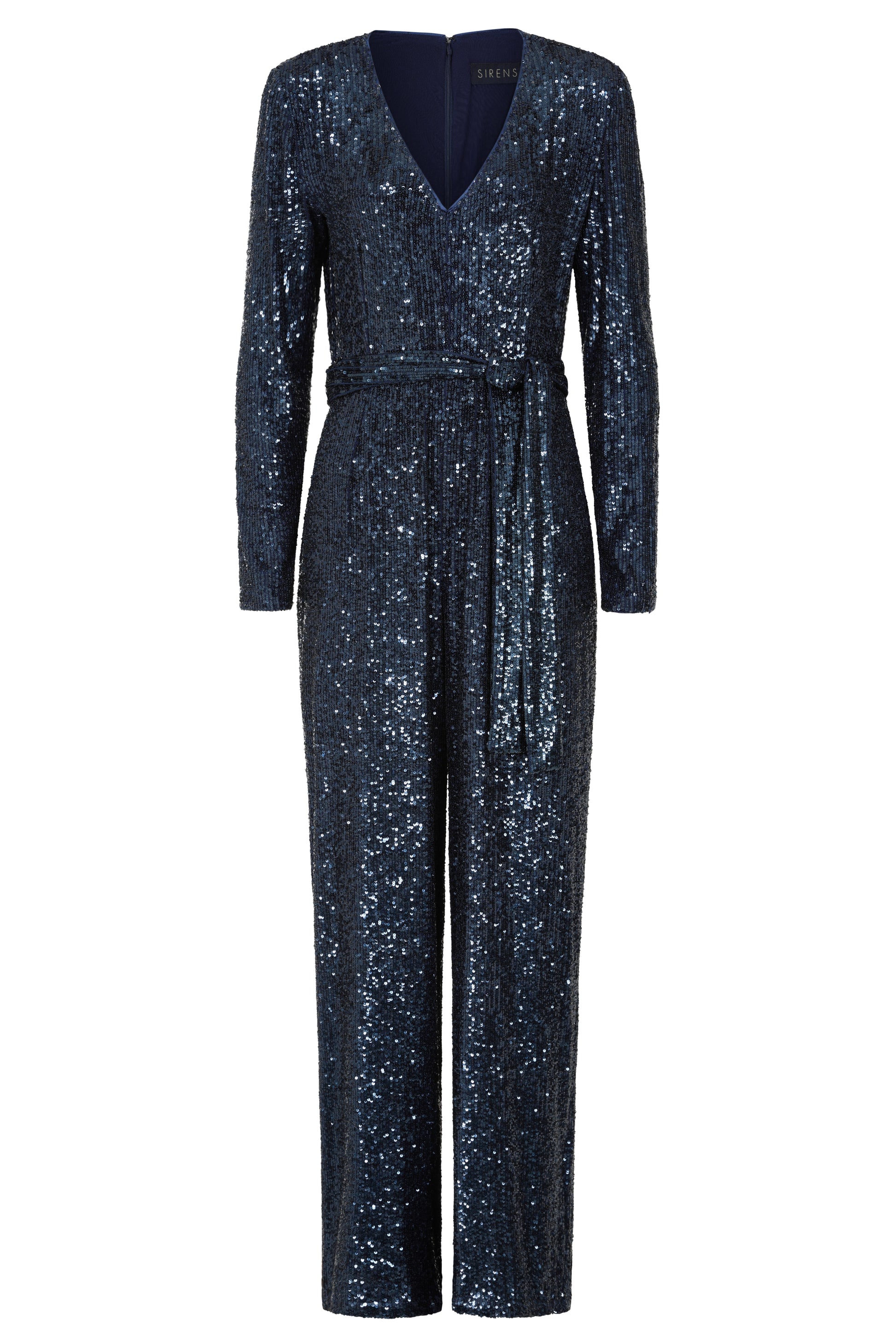 navy sequin jumpsuit with v neck, long sleeves and shoulder pads