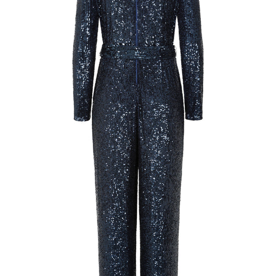 navy sequin jumpsuit with v neck, long sleeves and shoulder pads rear view 