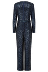 navy sequin jumpsuit with v neck, long sleeves and shoulder pads rear view 