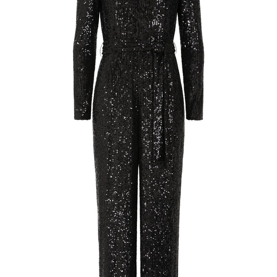 black sequin jumpsuit with v neck and wide leg with shoulder pads