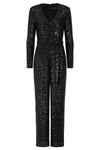 black sequin jumpsuit with v neck and wide leg with shoulder pads