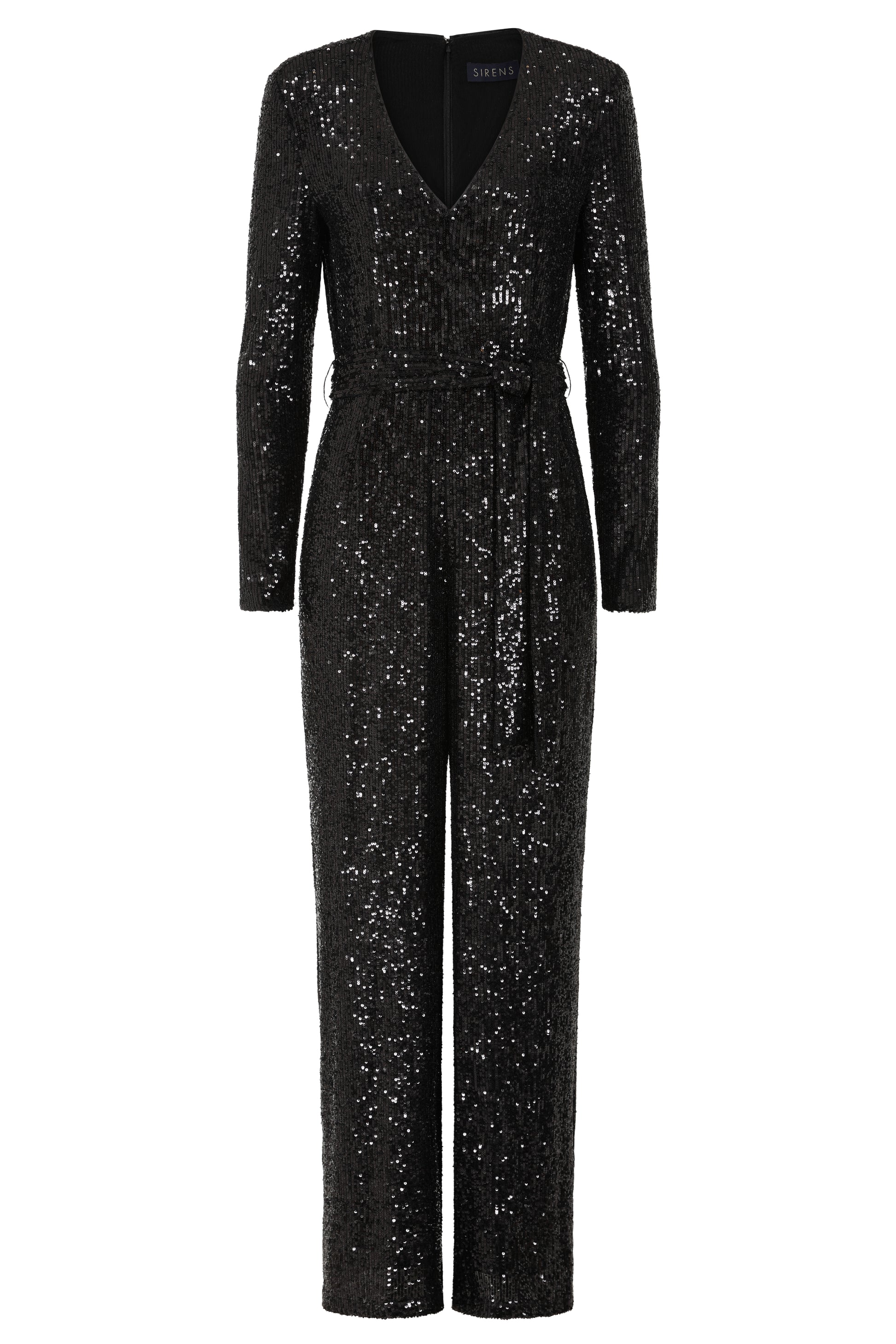 black sequin jumpsuit with v neck and wide leg with shoulder pads