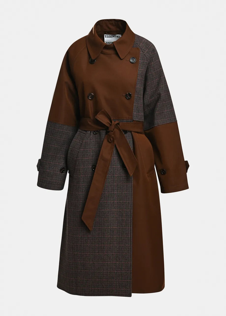A double-breasted trench coat with a brown collar, double-breasted front, and a matching brown waist tie, featuring contrasting brown and dark gray patterned sleeves and side panels, shown on a light gray background.