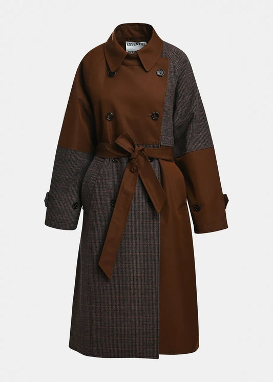 A double-breasted trench coat with a brown collar, double-breasted front, and a matching brown waist tie, featuring contrasting brown and dark gray patterned sleeves and side panels, shown on a light gray background.