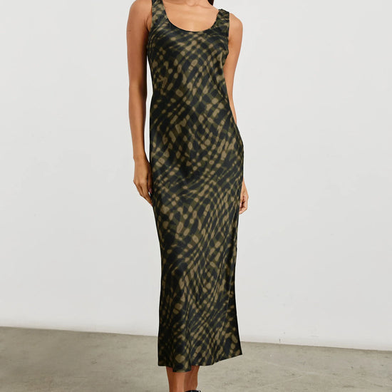 green patterned scoop neck sleeveless midi dress 