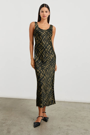 green patterned scoop neck sleeveless midi dress 