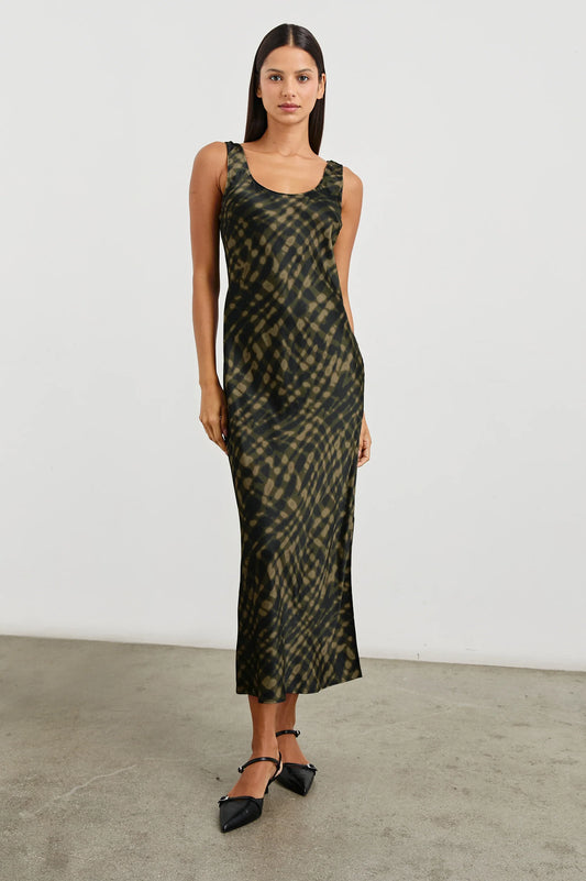 green patterned scoop neck sleeveless midi dress 