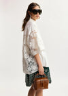 Woman wearing a white lace kimono-style garment with sunglasses and a brown bag on a white background