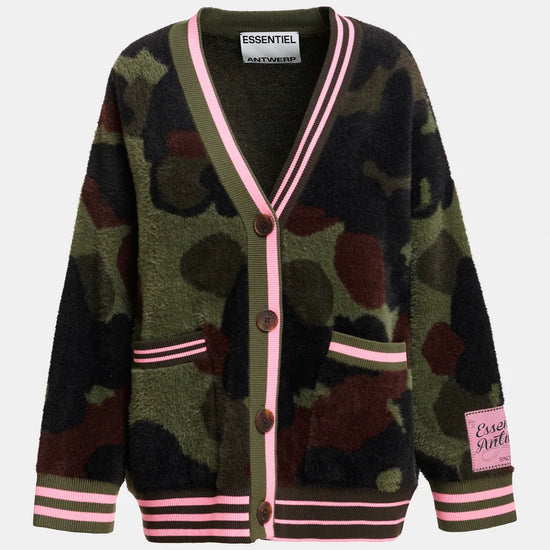 A fuzzy cardigan sweater with a green, brown, and black camouflage pattern, featuring pink and white striped trim along the V-neck, cuffs, and hem, and a pink brand patch on the sleeve.