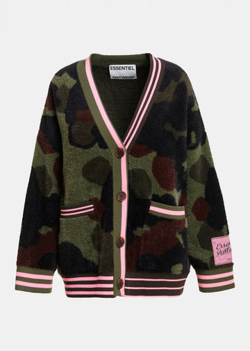 A fuzzy cardigan sweater with a green, brown, and black camouflage pattern, featuring pink and white striped trim along the V-neck, cuffs, and hem, and a pink brand patch on the sleeve.