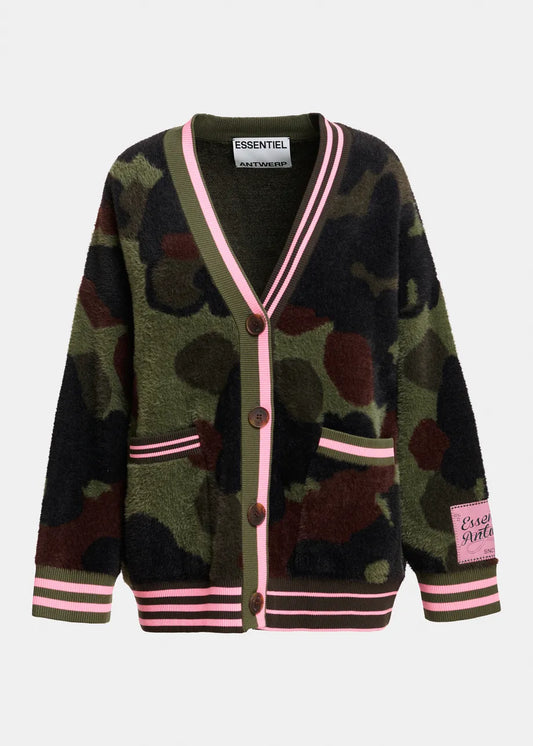 A fuzzy cardigan sweater with a green, brown, and black camouflage pattern, featuring pink and white striped trim along the V-neck, cuffs, and hem, and a pink brand patch on the sleeve.