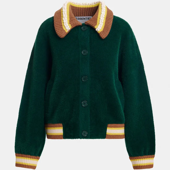 A dark green fleece button-up cardigan with brown, yellow, and white striped knit collar, cuffs, and hem, shown on a light gray background.