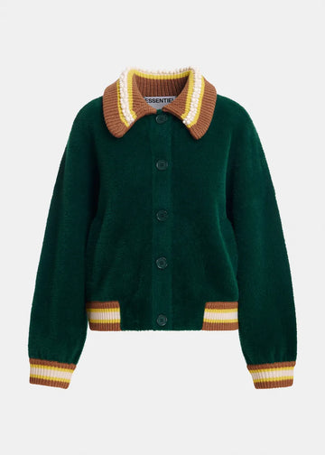 A dark green fleece button-up cardigan with brown, yellow, and white striped knit collar, cuffs, and hem, shown on a light gray background.