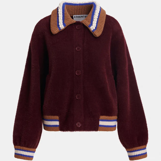 A maroon button-up cardigan sweater with a brown, white, and blue striped knit collar, cuffs, and hem, shown against a light gray background.