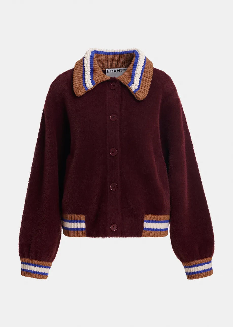 A maroon button-up cardigan sweater with a brown, white, and blue striped knit collar, cuffs, and hem, shown against a light gray background.