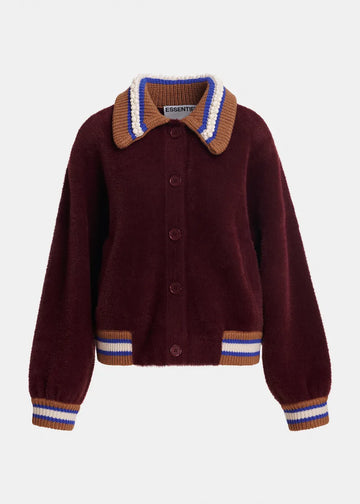 A maroon button-up cardigan sweater with a brown, white, and blue striped knit collar, cuffs, and hem, shown against a light gray background.
